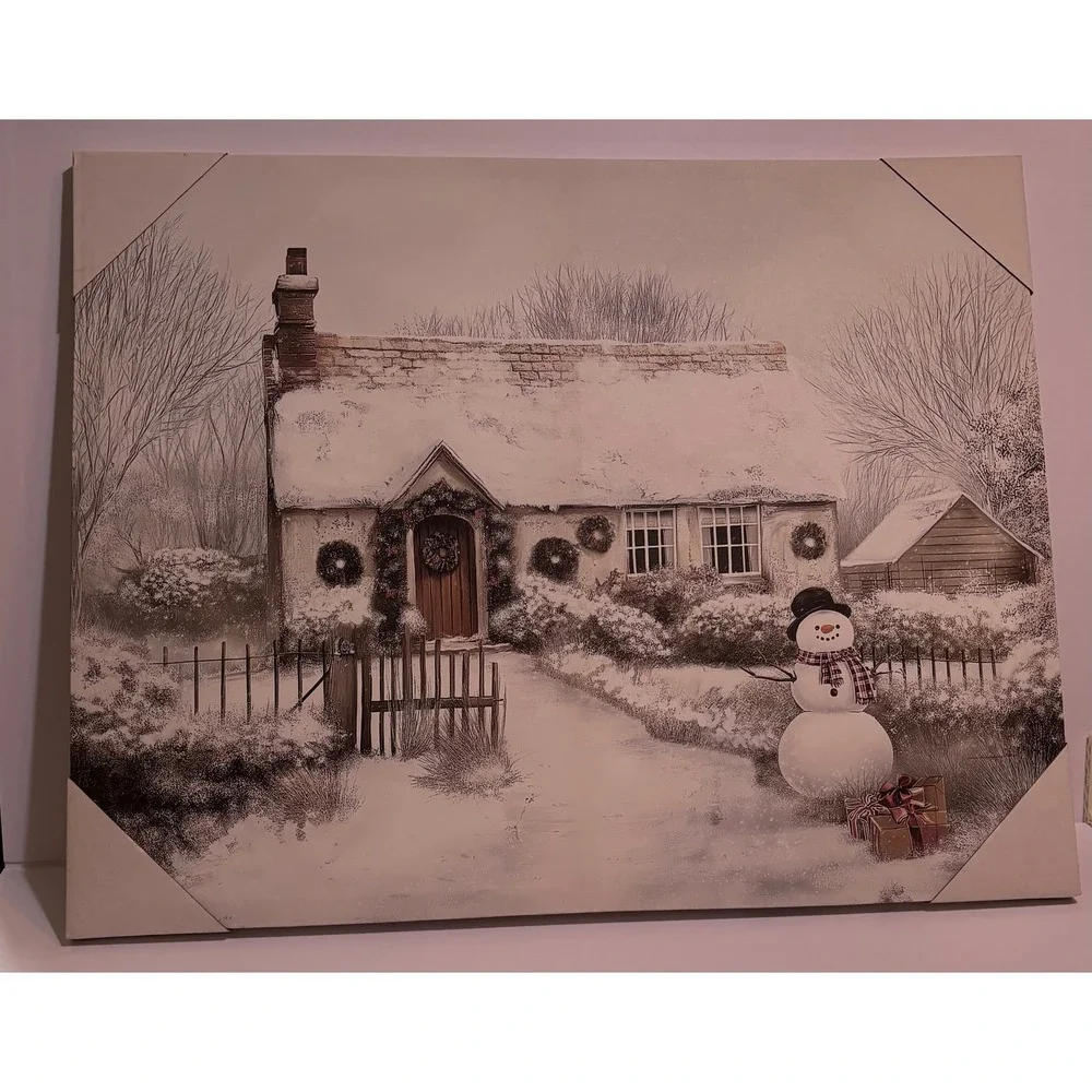 Winter Cottage Snowman Canvas Wall Art Christmas Holiday Decor 22x28Large
